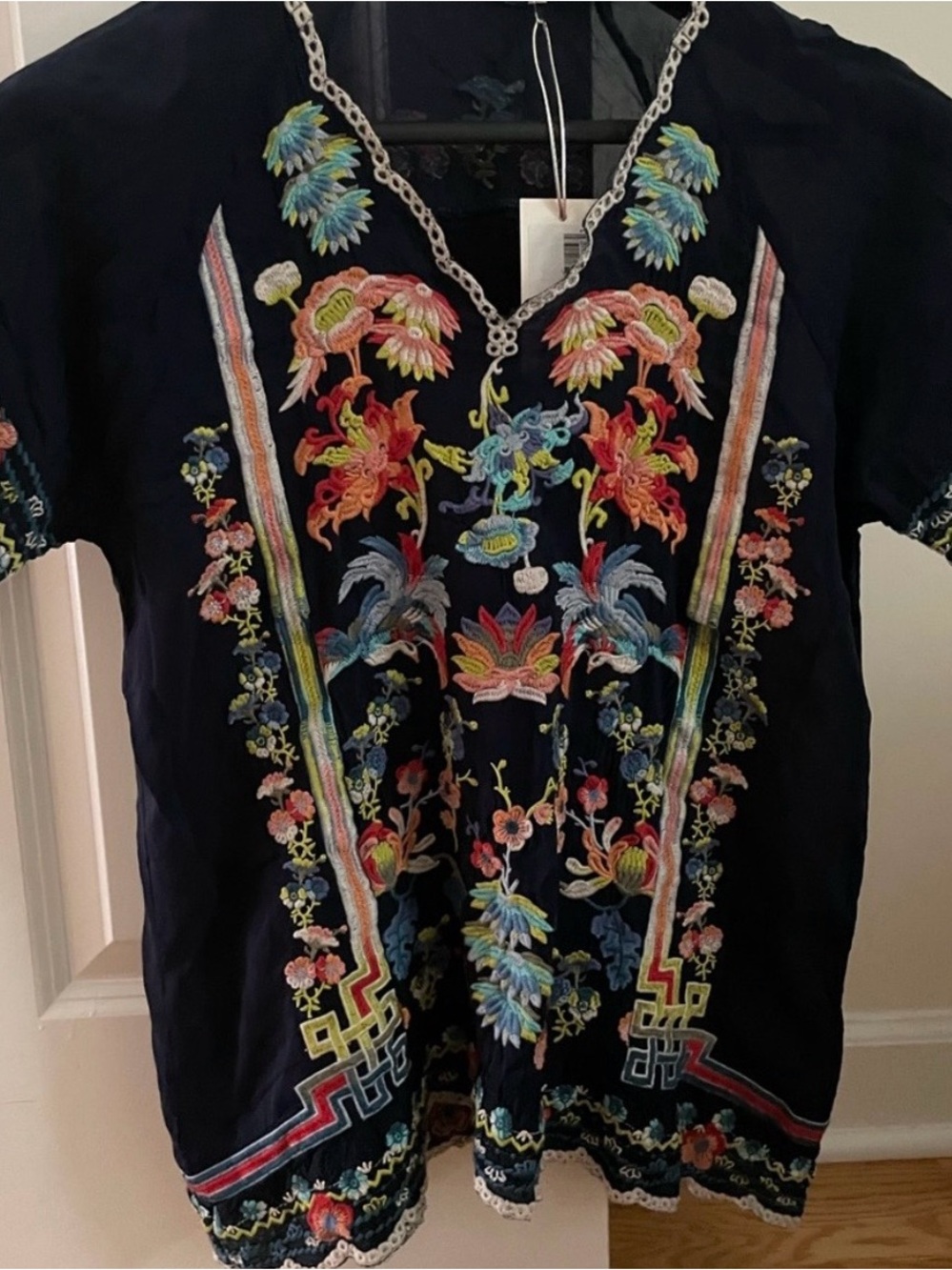Johnny Was Navy Floral Embroidered Tunic Top with Multicolor Motifs